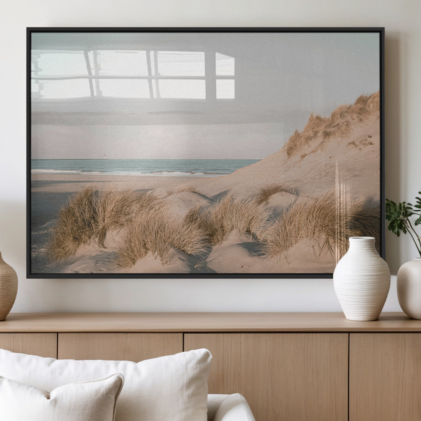 28064037-MGV-FP-36X24-3P_Black-Minimalist Seascape Wall Art Canvas Print, Framed Neutral Beach Print Art Picture Print, Sand Dune Photography Perfect