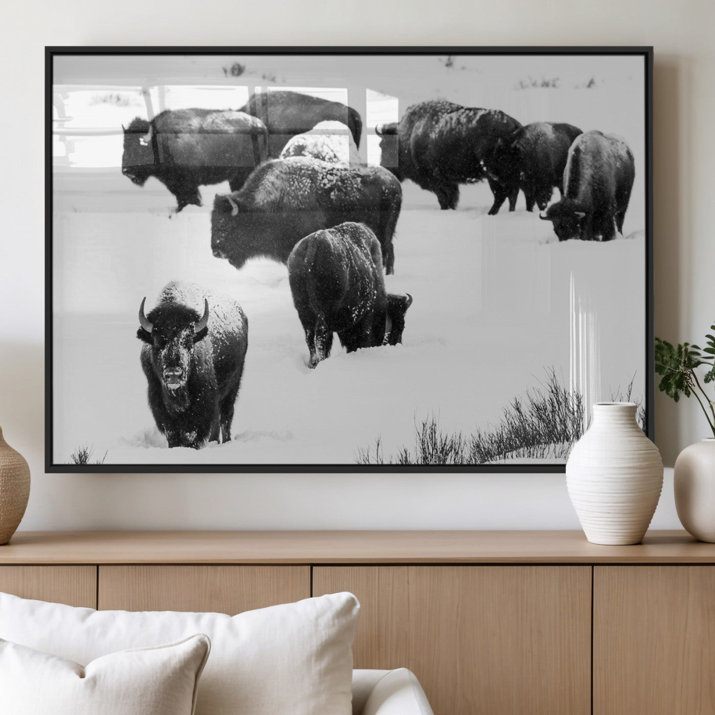 18914414-MGV-FP-36X24-3P_Black-Buffalo Herd Wall Art Canvas Print, Framed Black and White Art Picture Print, Snowy Landscape Perfect Rustic Lodge Decor Decor
