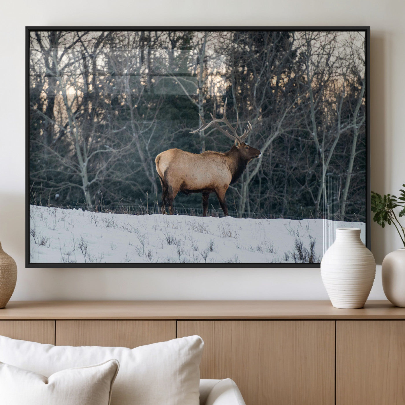 36533178-MGV-FP-36X24-3P_Black-Wild Elk Photography Wall Art Canvas Print, Framed Winter Wildlife Art Picture Print, Snowy Forest Perfect Rustic Lodge Decor