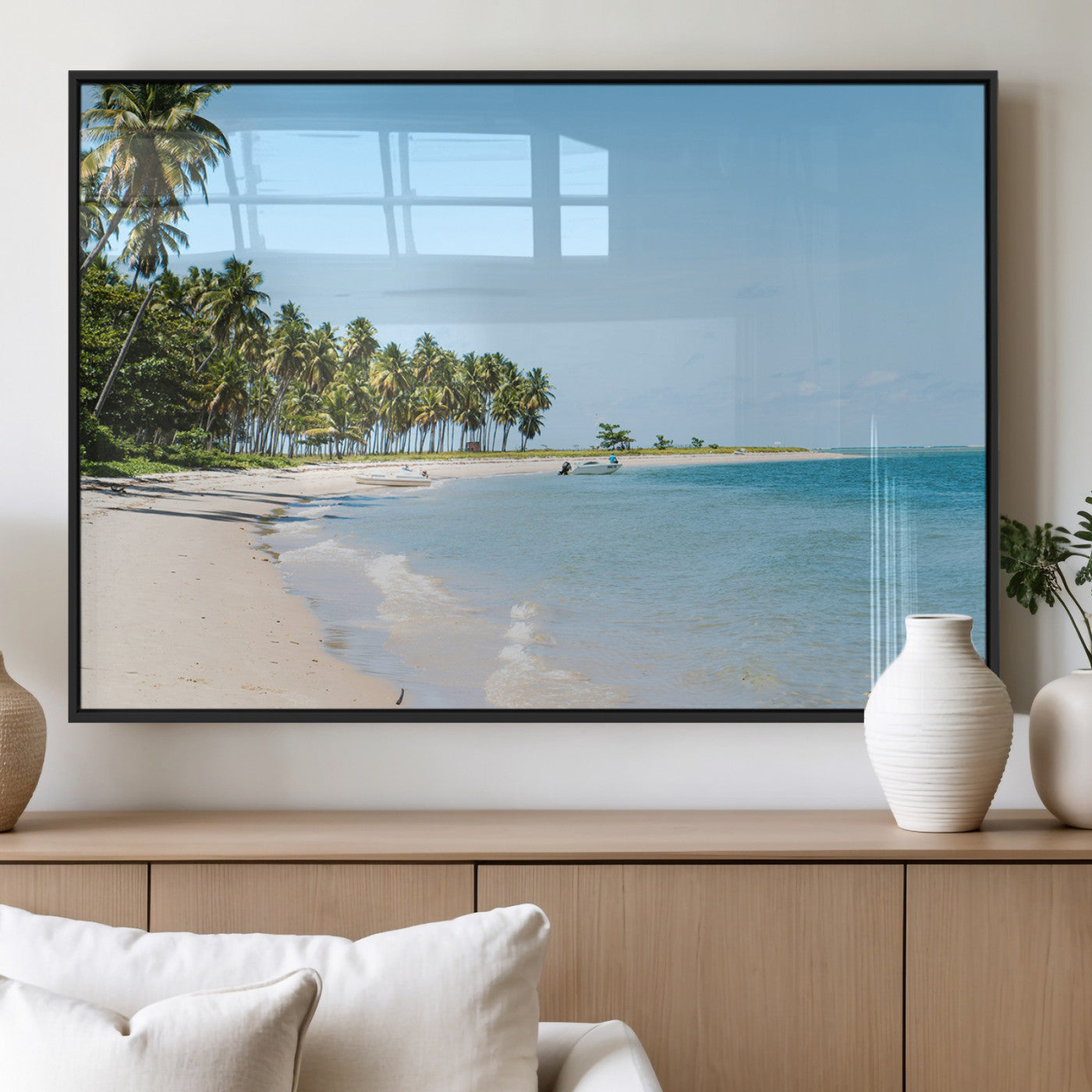 37858872-MGV-FP-36X24-3P_Black-Palm Tree Coast Wall Art Canvas Print, Framed Island Getaway Art Picture Print, Crystal Blue Water Perfect Tropical Coastal Decor