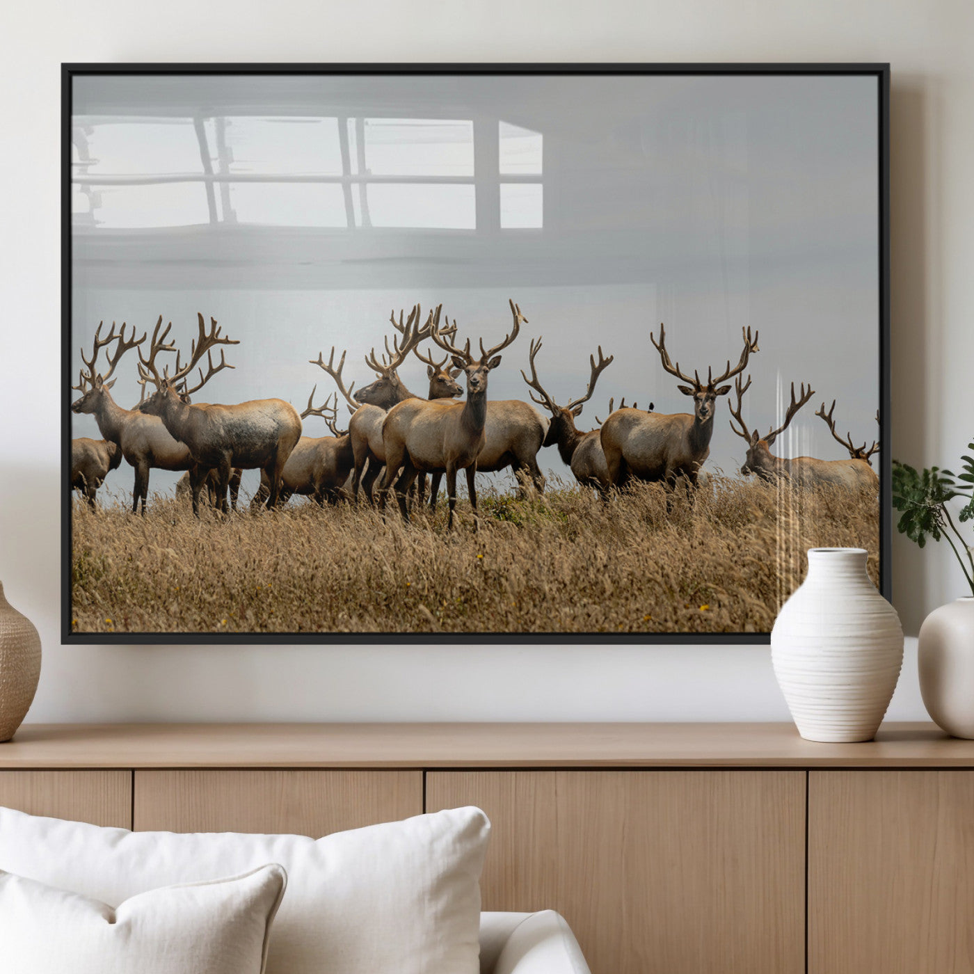 42170220-MGV-FP-36X24-3P_Black-Elk Herd Wall Art Canvas Print, Framed Wildlife Photography Art Picture Print, Majestic Antlers Perfect Rustic Wildlife Decor