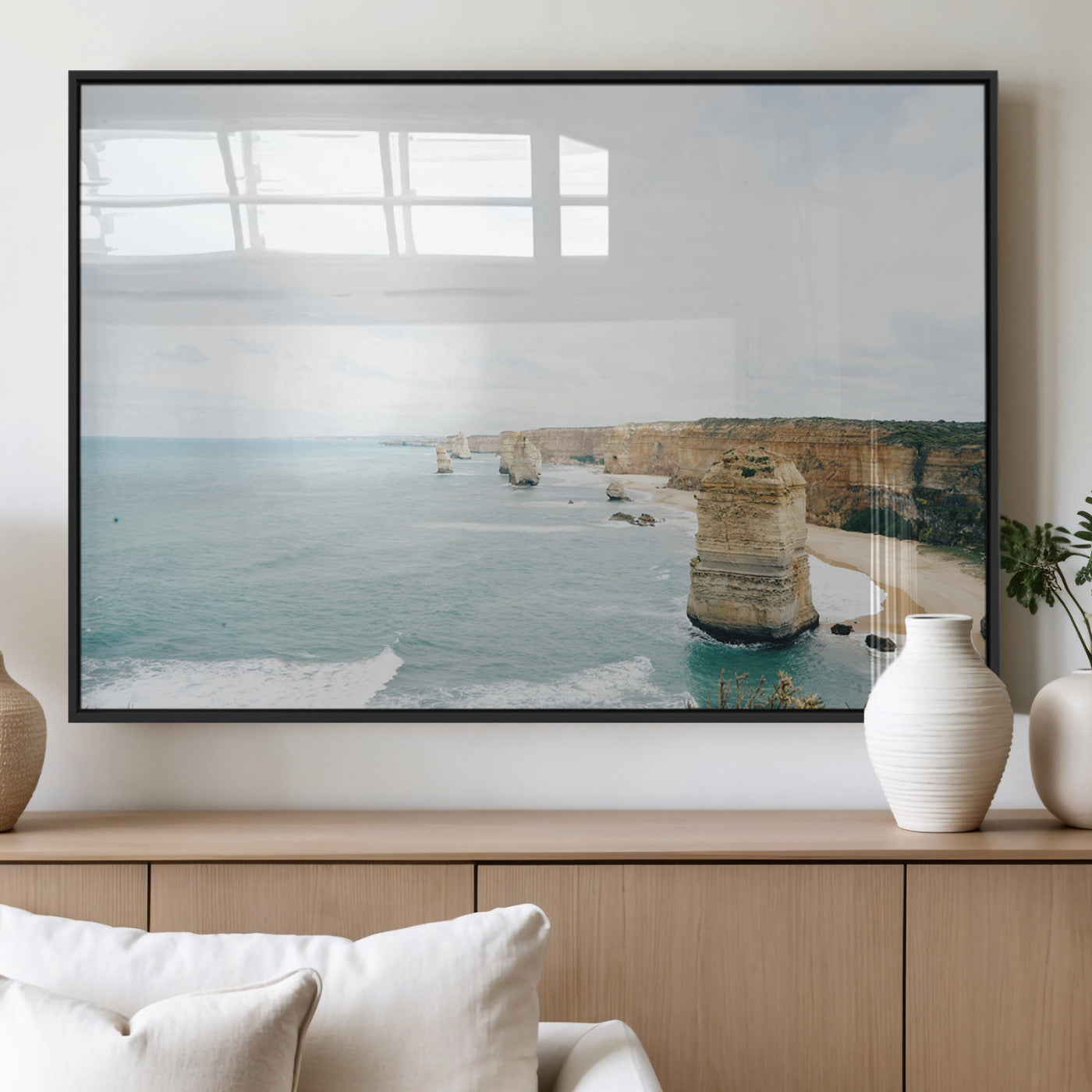 70095633-MGV-FP-36X24-3P_Black-Twelve Apostles Wall Art Canvas Print, Framed Coastal Cliffs Art Picture Print, Rugged Rock Formations Perfect Minimalist Coastal