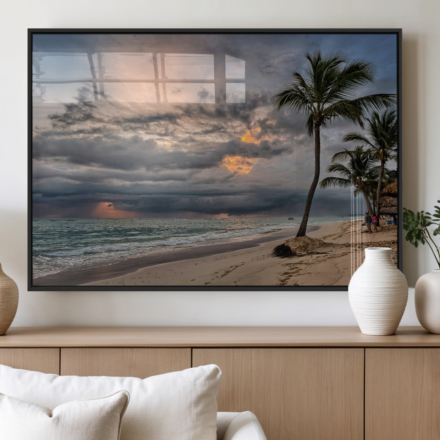 62574547-MGV-FP-60X30-3P_Black-Tropical Storm Wall Art Canvas Print, Framed Moody Beach Art Picture Print, Dramatic Sky Perfect Tropical Coastal Decor Artwork