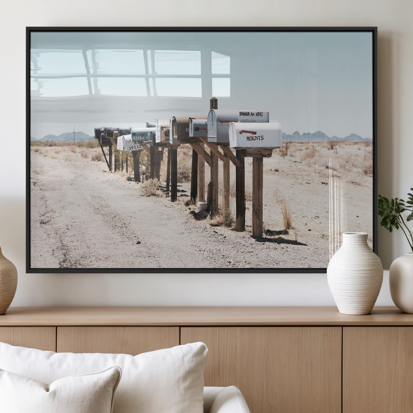 54616109-MGV-FP-36X24-3P_Black-Desert Mailboxes Wall Art – Rustic Rural Roadside Photography Canvas Print, American Southwest Landscape Home Decor for Living