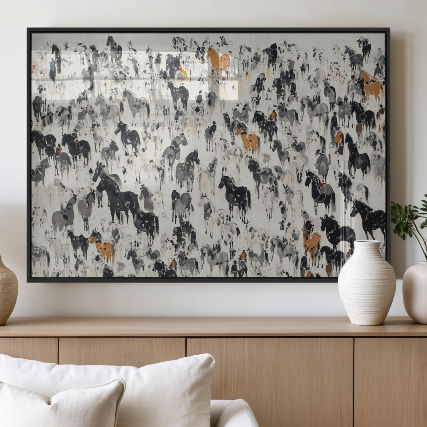 56463722-MGV-FP-36X24-3P_Black-Colorful Horse Herd Wall Art – Abstract Wild Horses Canvas Print, Rustic Western Farmhouse Décor for Living Room, Bedroom, Office