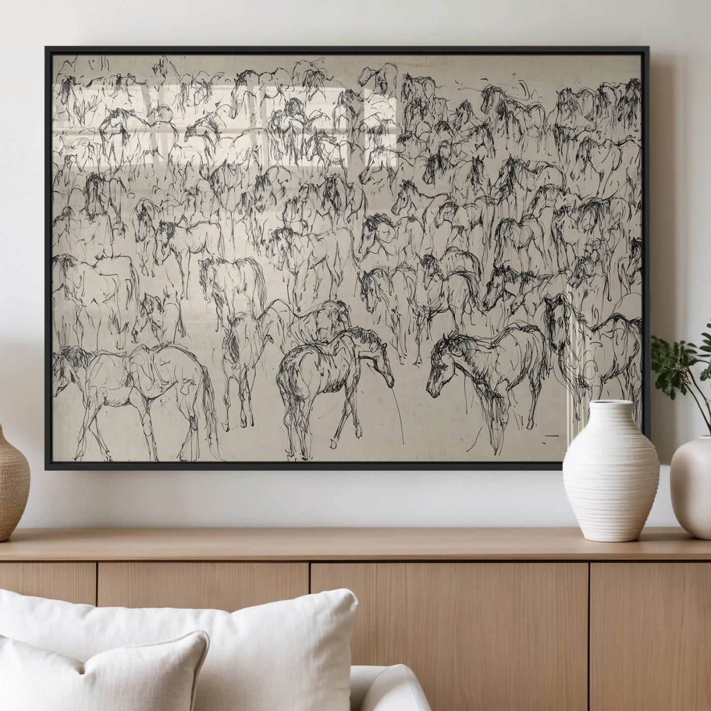 86653927-MGV-FP-36X24-3P_Black-Sketch Horse Herd Wall Art – Minimalist Wild Horses Line Drawing Canvas Print, Rustic Western Farmhouse Decor for Living Room,
