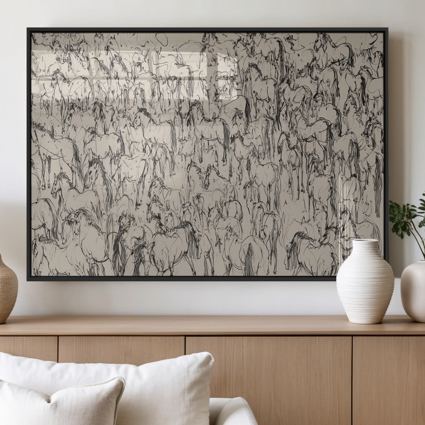 12358908-MGV-FP-36X24-3P_Black-Horse Herd Sketch Wall Art – Abstract Wild Horses Line Drawing Canvas Print, Rustic Western Style Equestrian Decor for Living