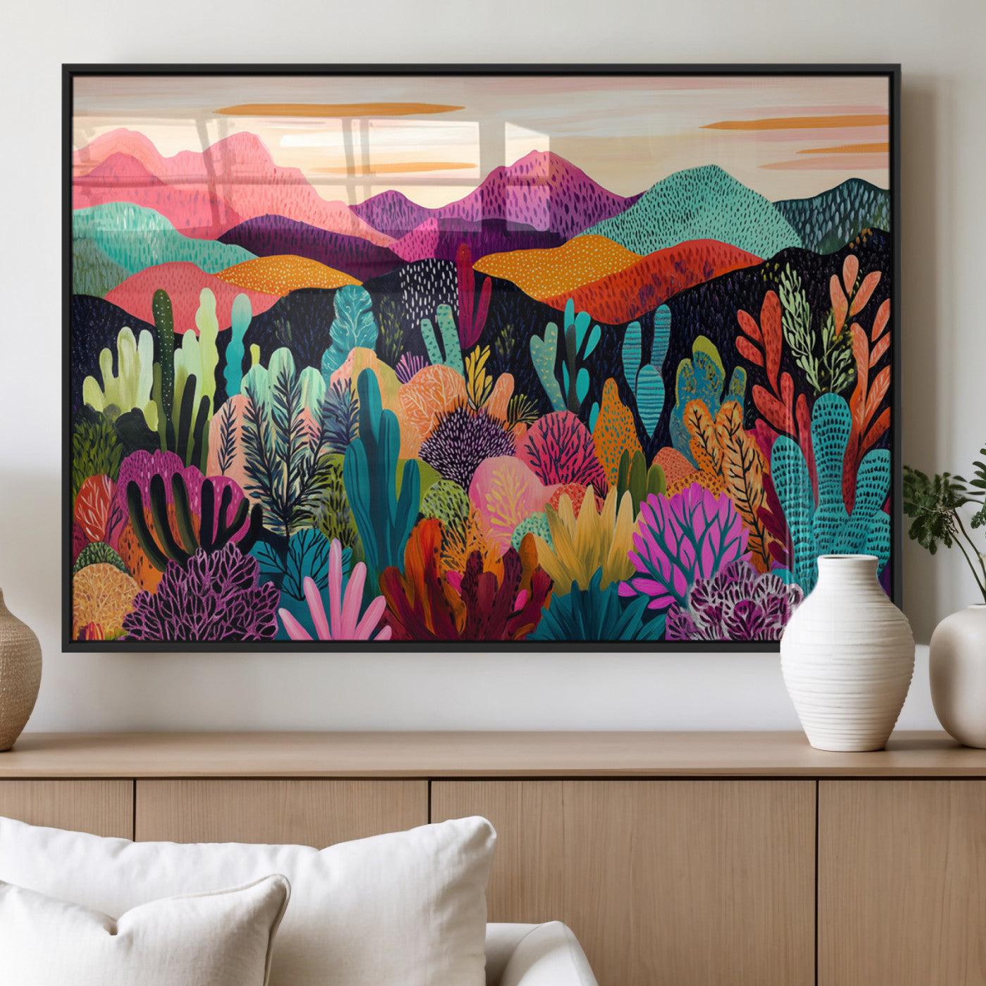 16756910-MGV-FP-36X24-3P_Black-Colorful Desert Landscape Wall Art – Vibrant Mountain Canvas Print, Bold Botanical Artwork for Living Room, Bedroom, Office,