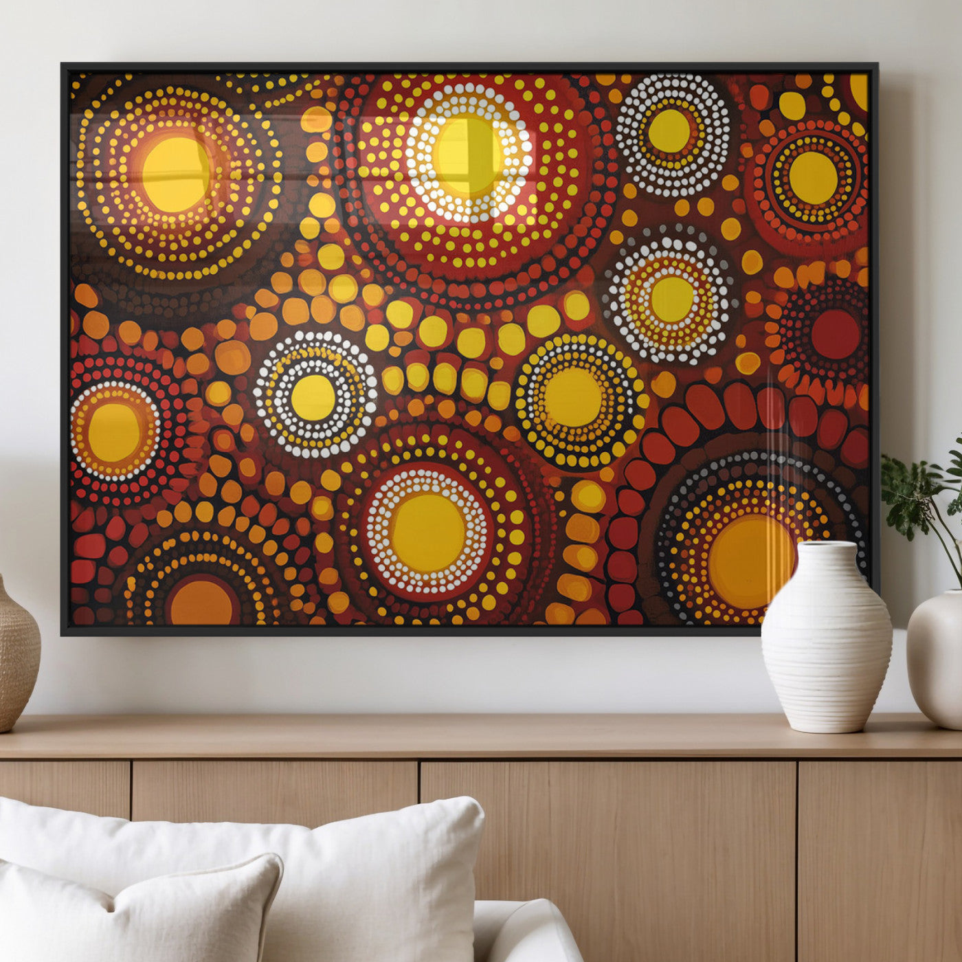 81120549-MGV-FP-36X24-3P_Black-Abstract Dot Painting Wall Art – Vibrant Tribal Boho Style Canvas Print with Sunburst Mandala Circles in Warm Red, Yellow, Orange