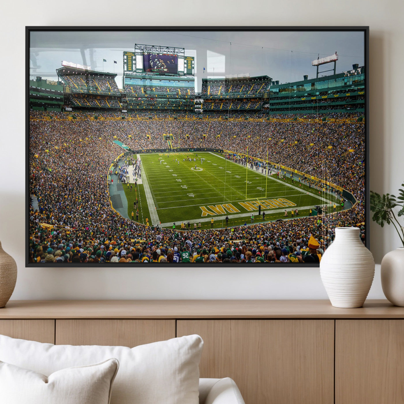 96617112-MGV-FP-36X24-3P_Black-Lambeau Field Wall Art – Green Bay Packers NFL Football Stadium Canvas Print – Game Day Crowd Sports Decor for Man Cave, Bar, or