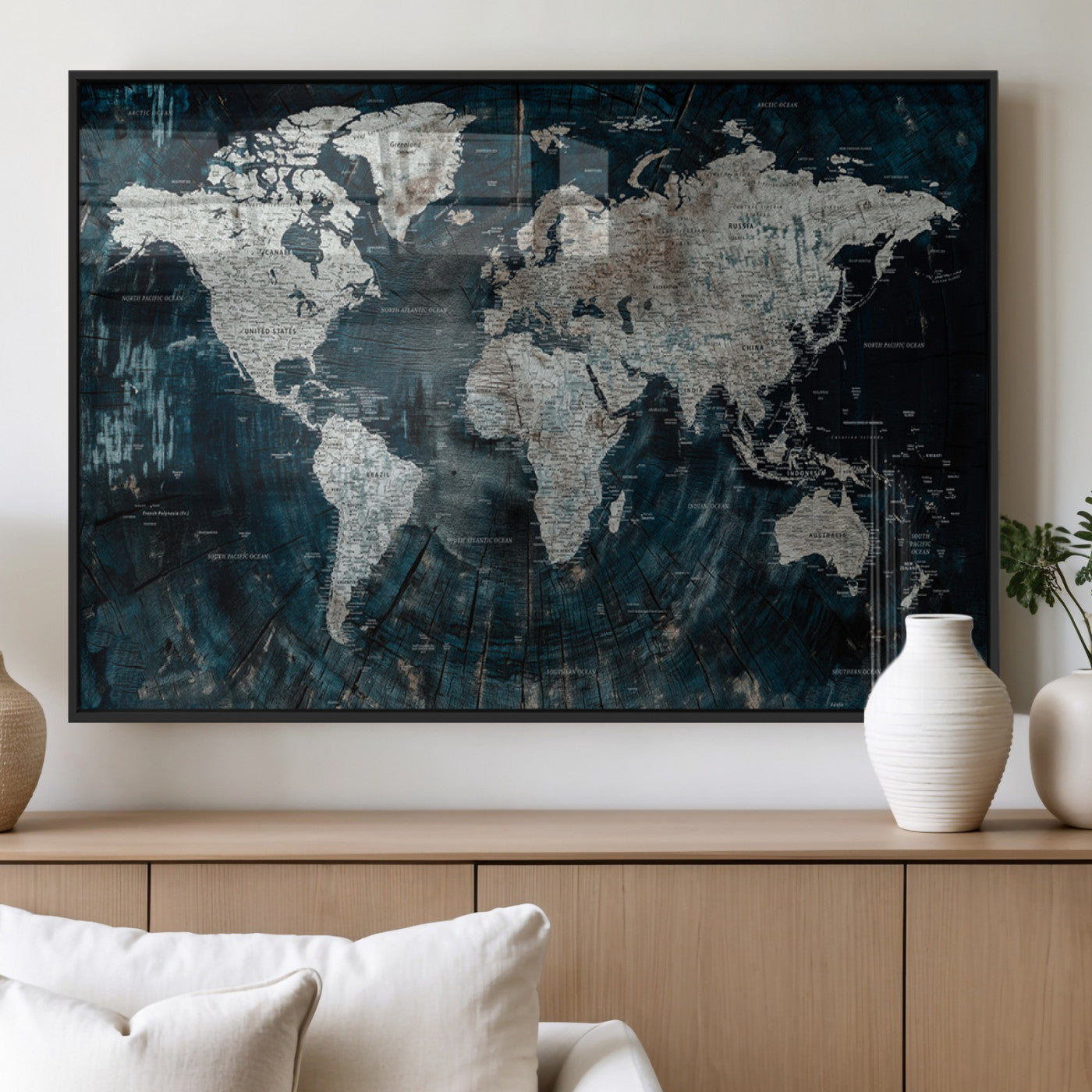 34425609-MGV-FP-36X24-3P_Black-World Map Wall Art – Rustic Navy and Grey Atlas Canvas Print, Distressed Explorer Map Artwork, Industrial Style Decor for Office,