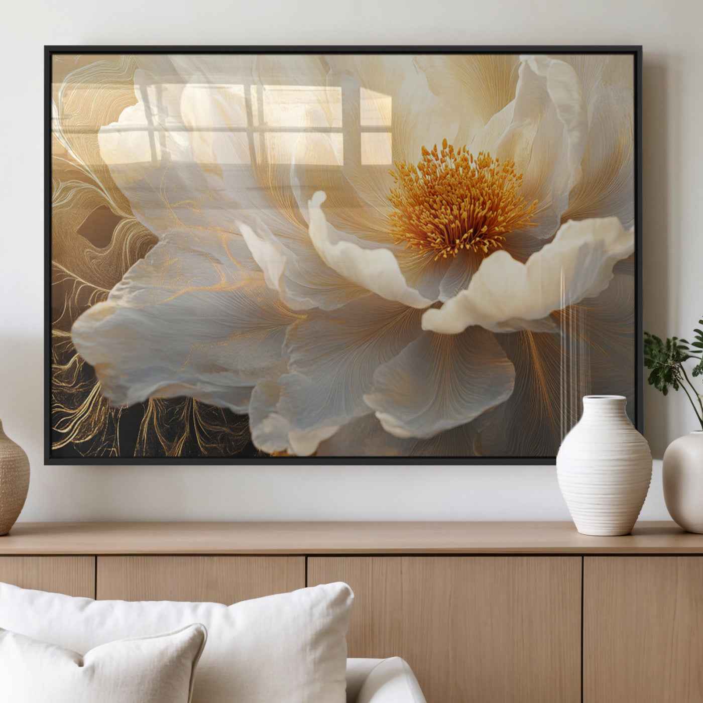 29539087-MGV-FP-36X24-3P_Black-Floral Wall Art – Elegant White and Gold Bloom Canvas Print, Romantic Modern Flower Artwork for Bedroom, Living Room, or Office