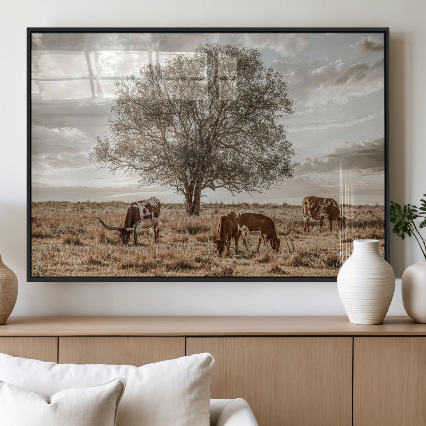 87590224-MGV-FP-36X24-3P_Black-Longhorn Cattle Wall Art – Rustic Western Landscape Canvas Print, Texas Farmhouse Prairie Scene for Living Room, Office, or Ranch
