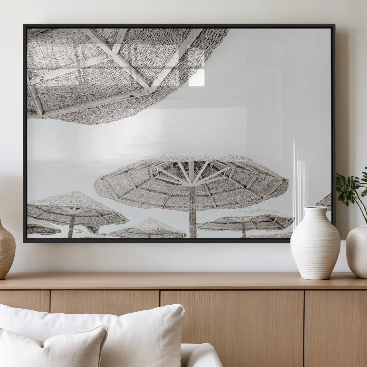 97043123-MGV-FP-36X24-3P_Black-Beach Umbrella Wall Art – Minimalist Coastal Canvas Print, Woven Parasol Summer Decor for Bedroom, Living Room, or Modern Beach