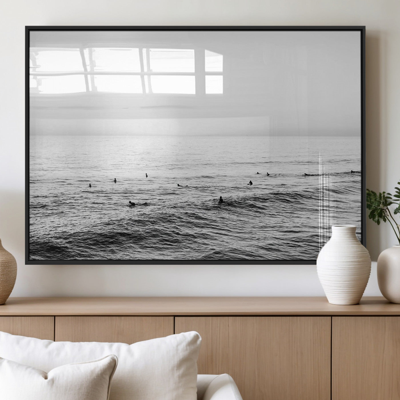 47208268-MGV-FP-36X24-3P_Black-Surfer Ocean Wall Art – Black and White Coastal Canvas Print, Minimalist Surfing Seascape Decor for Living Room, Bedroom, or Beach