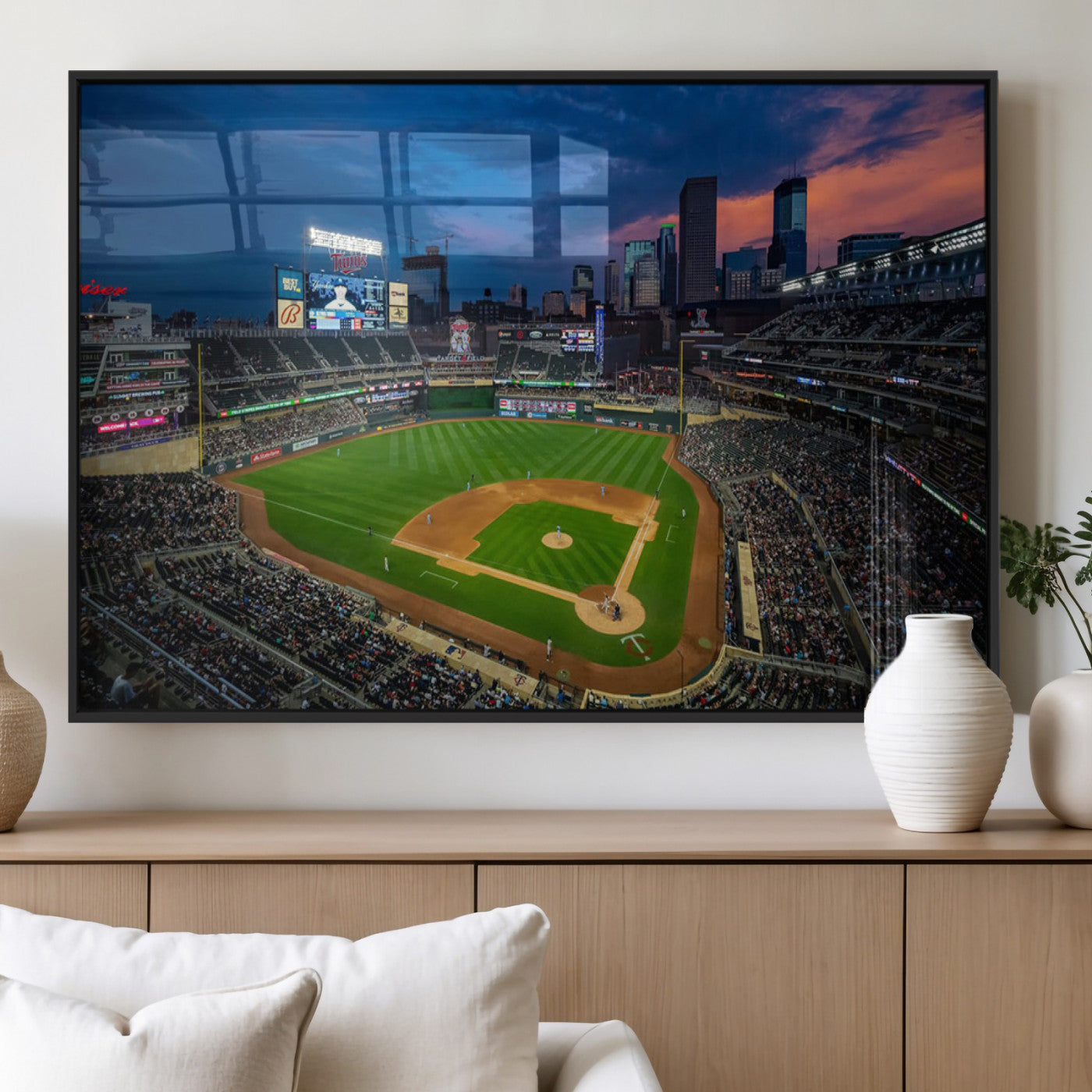 68222753-MGV-FP-36X24-3P_Black-Baseball Stadium Wall Art – Panoramic Night Game Canvas Print, Sports Decor for Man Cave, Office, Bar, or Living Room