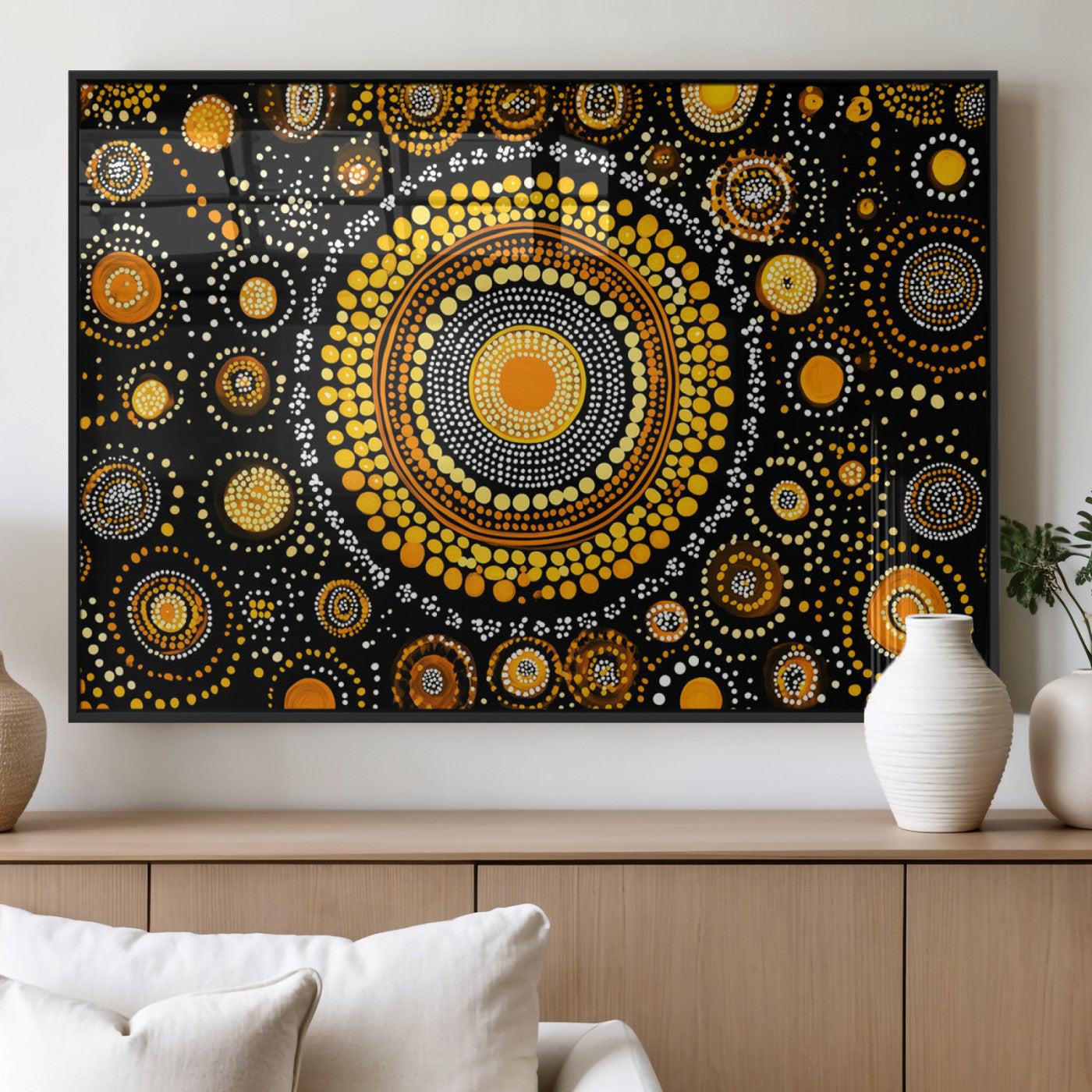 45478523-MGV-FP-36X24-3P_Black-Abstract Circle Wall Art – Bold Black and Gold Dot Painting Canvas Print, Modern Geometric Mandala Style Decor for Living Room or
