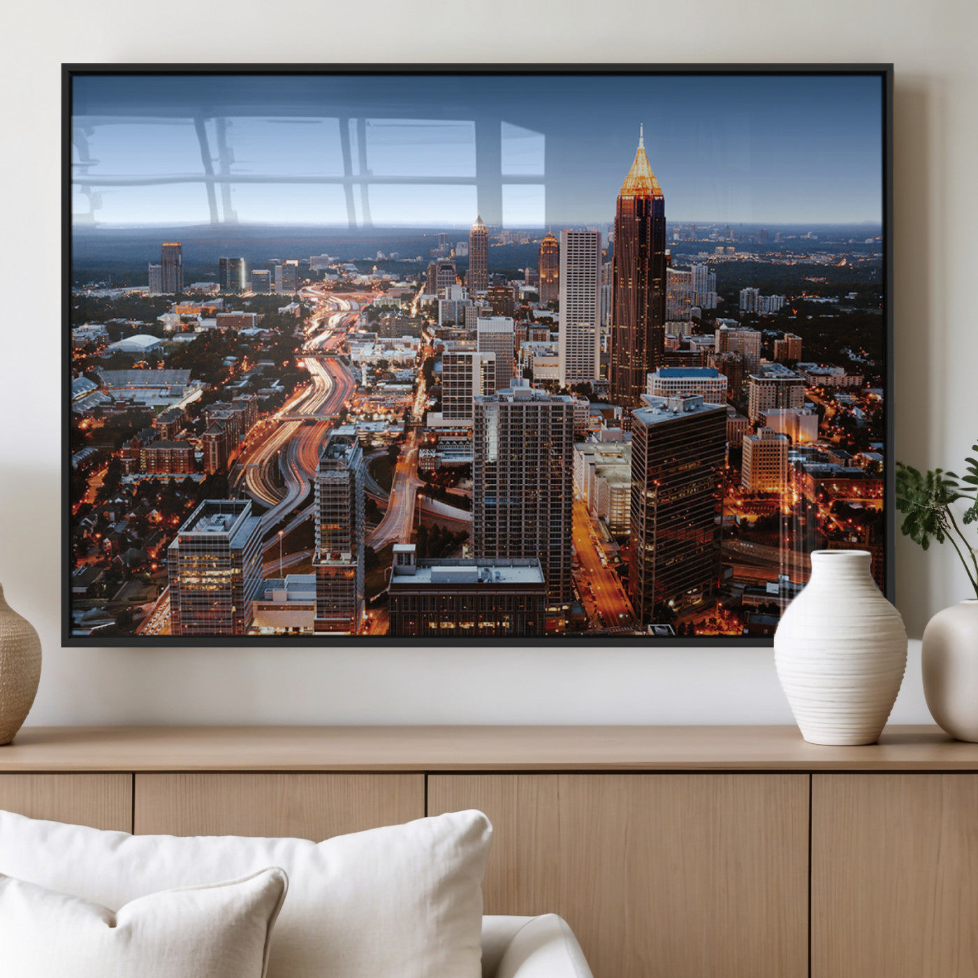 25096967-MGV-FP-36X24-3P_Black-Atlanta Skyline Wall Art – Vibrant Cityscape Canvas Print, Modern Night Lights Urban Decor for Office, Living Room, or Apartment