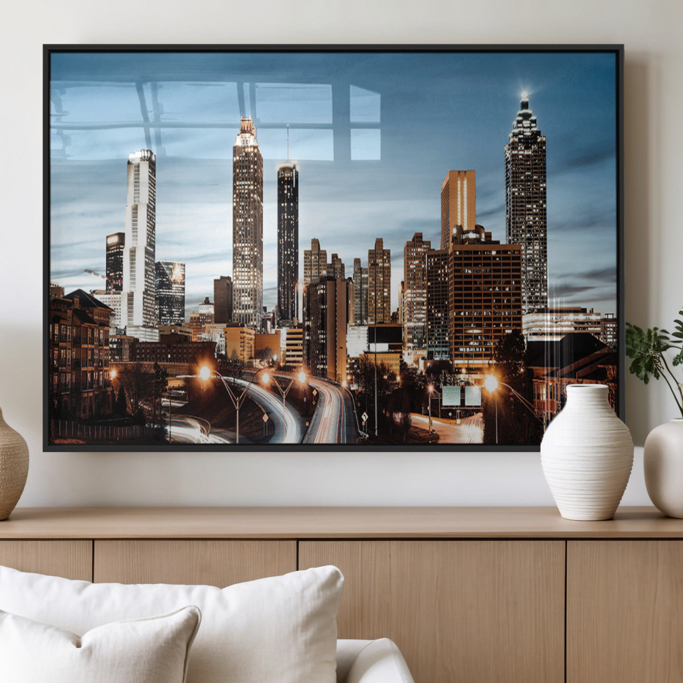 23859158-MGV-FP-36X24-3P_Black-Atlanta Skyline Wall Art – Modern Cityscape Canvas Print with Night Lights and Traffic Trails, Urban Decor for Office, Apartment,