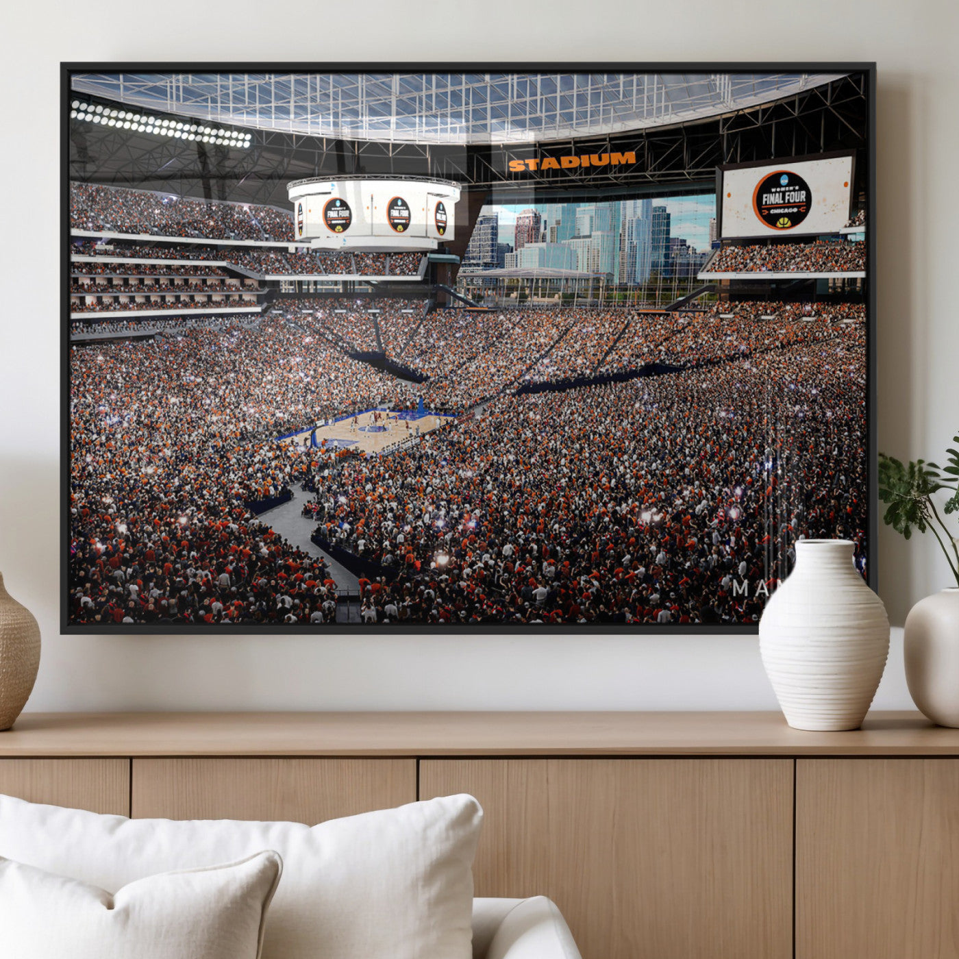 38616413-MGV-FP-36X24-3P_Black-Chicago Dome Stadium Wall Art – Futuristic Basketball Final Four Arena Canvas Print, Modern Sports Fan Decor for Man Cave or