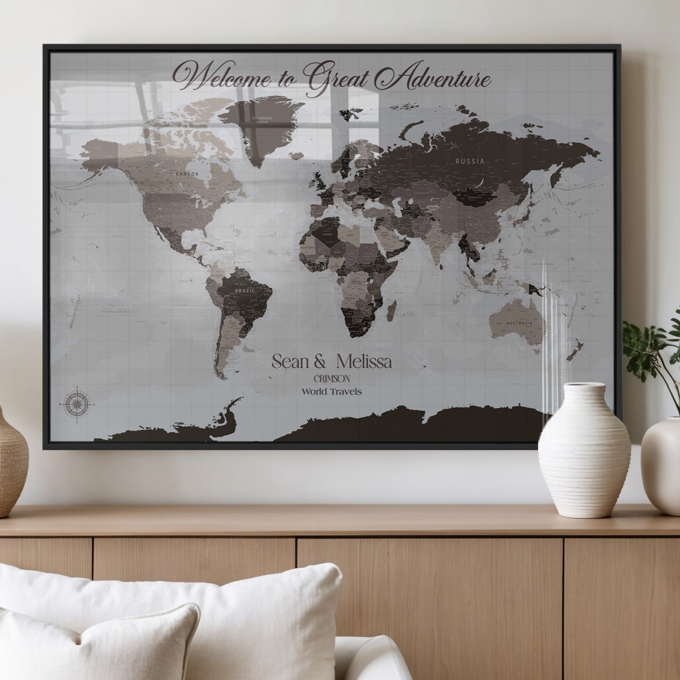 43749658-MGV-FP-36X24-3P_Black-Welcome to Great Adventure World Map Wall Art – Charcoal Gray Canvas Print, Rustic Travel Decor for Living Room, Study, Office or
