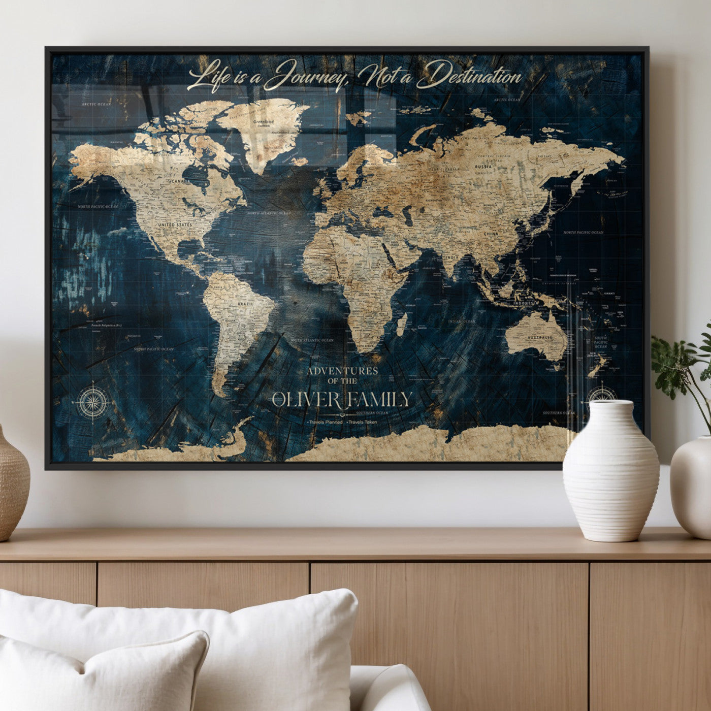 36970886-MGV-FP-36X24-3P_Black-Life is a Journey Not a Destination World Map Rustic Navy Beige Vintage Travel Wall Art Adventure Quote Canvas Print for Home
