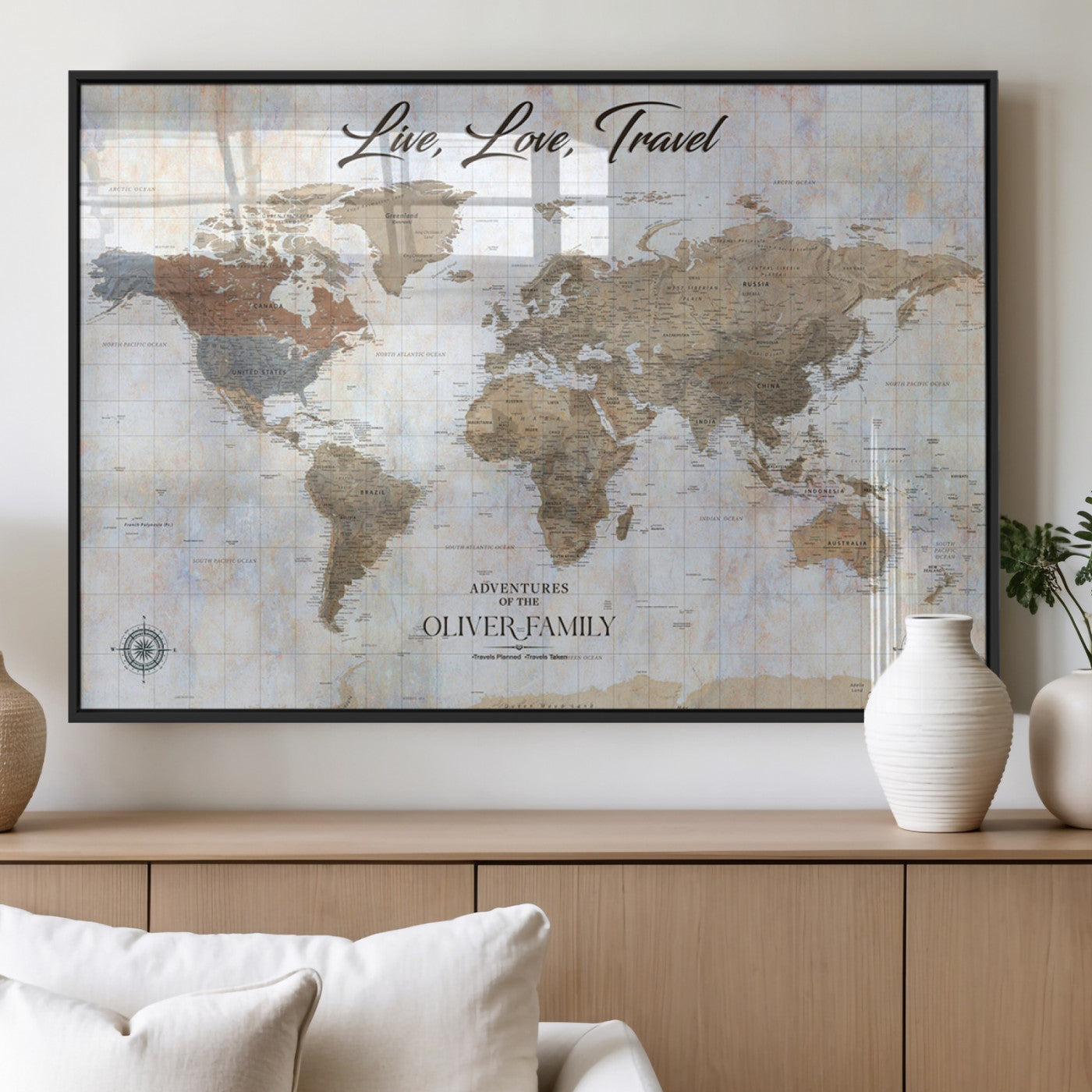 43924907-MGV-FP-36X24-3P_Black-Live Love Travel Wall Art – Neutral World Map Canvas Print, Rustic Adventure Decor for Home, Office or Living Room, Unique Gift