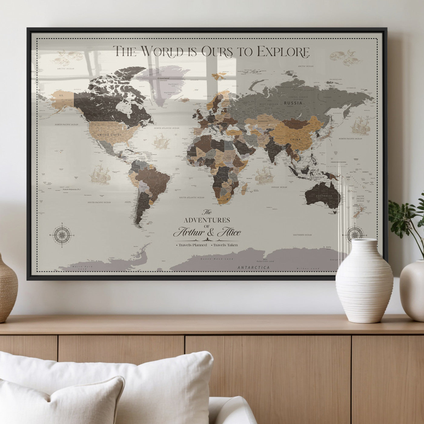 90024882-MGV-FP-36X24-3P_Black-The World is Ours to Explore Wall Art – Earth Tone World Map Canvas Print, Adventure Travel Decor for Living Room, Office or
