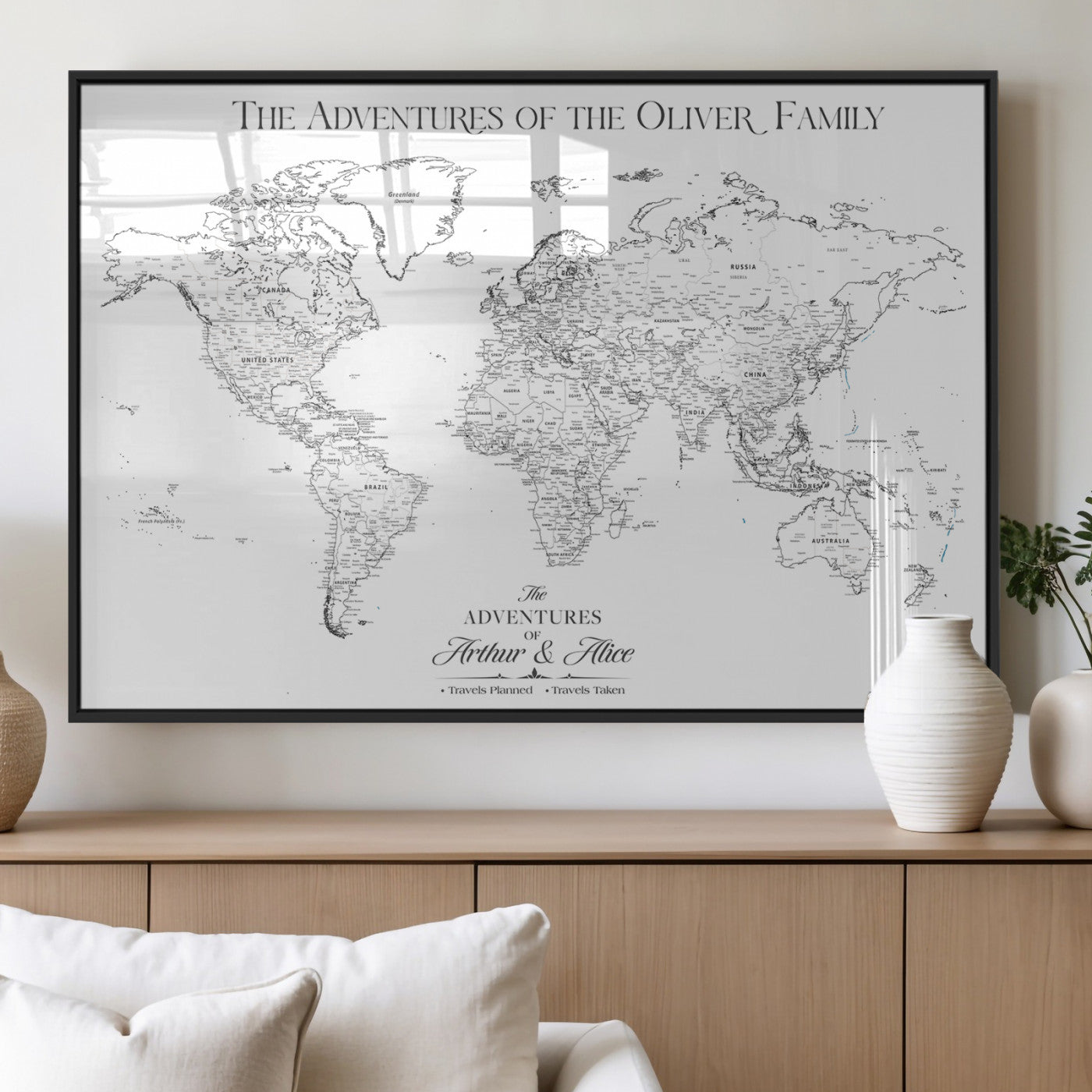 21029247-MGV-FP-36X24-3P_Black-Minimalist World Map Wall Art – Black and White Travel Adventure Print, Modern Family Travel Map Decor for Living Room, Bedroom,