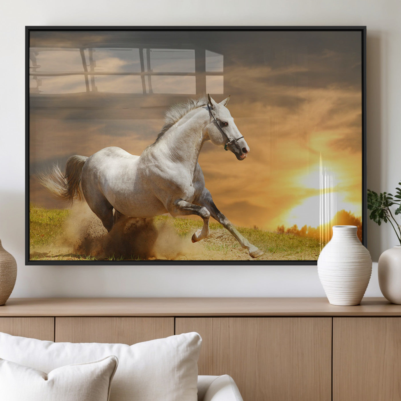 44295212-MGV-FP-36X24-3P_Black-Horse Wall Art – Running White Stallion Canvas Print with Sunset Background, Western Wildlife Decor for Living Room, Office, or