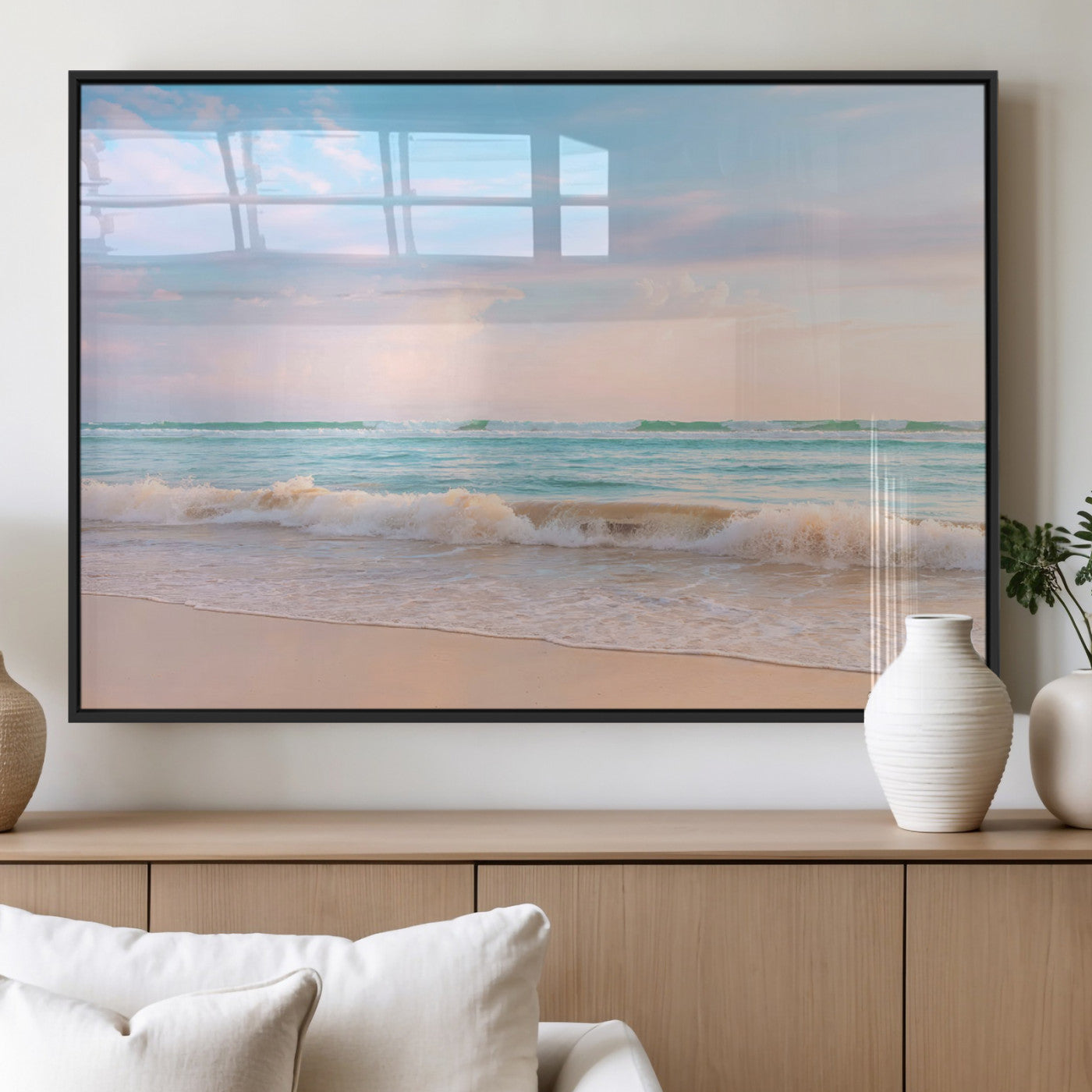 88024944-MGV-FP-60X30-3P_Black-Serene Ocean Waves Canvas Wall Art – Pastel Sky, Soft Sand Beach, Tranquil Seascape, Calm Water Coastal Nature, Relaxing Peaceful