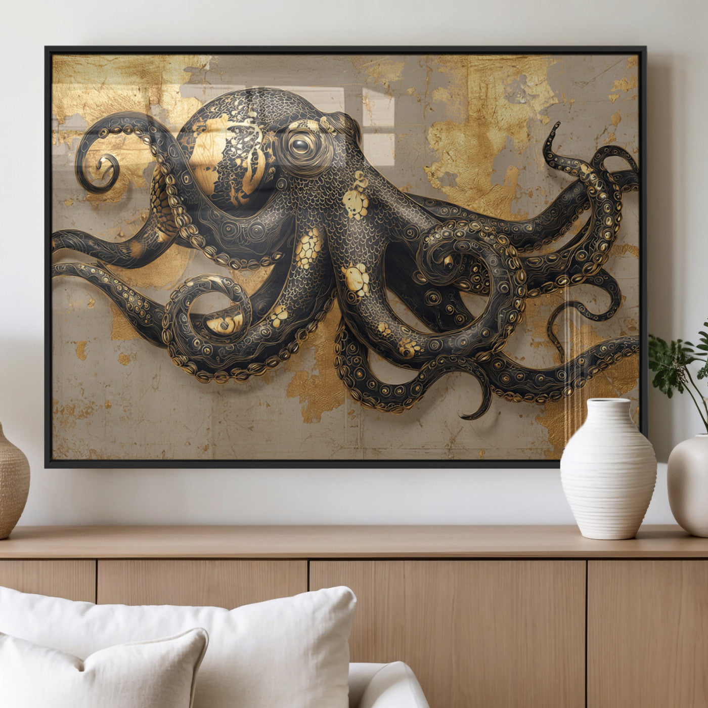 57944271-MGV-FP-36X24-3P_Black-Octopus Wall Art – Black and Gold Nautical Canvas Print, Modern Ocean Inspired Artwork with Elegant Detailing, Coastal Marine