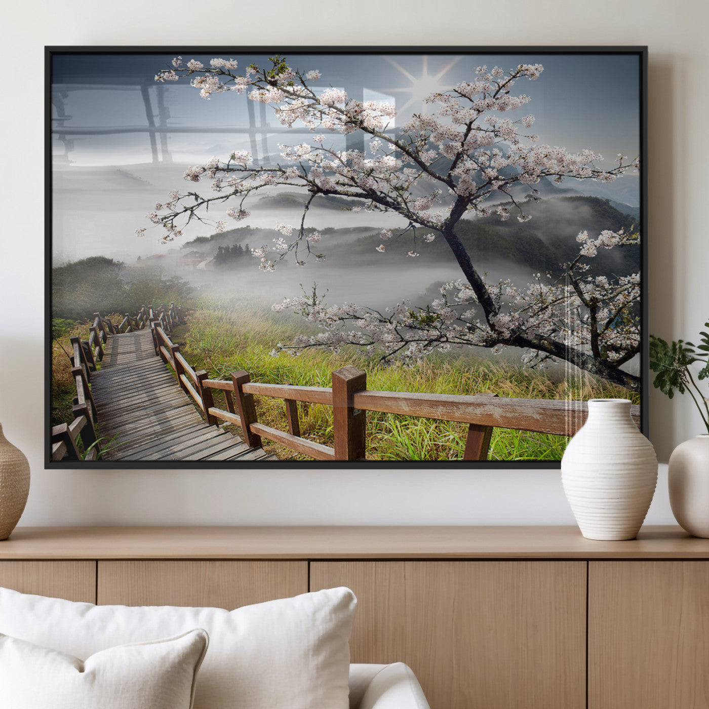 34632598CRY-MGV-FP-36X24-3P_Black-Cherry Blossom Wall Art – Scenic Asian Landscape Canvas Print with Wooden Walkway, Misty Mountains and Sunrise, Serene Nature