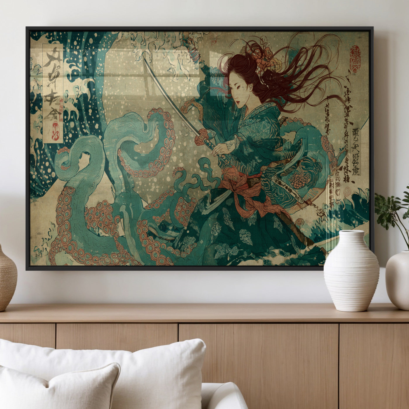 86918027-MGV-FP-36X24-3P_Black-Samurai Warrior vs Octopus Wall Art – Japanese Ukiyo-e Ocean Battle Canvas Print, Traditional Samurai Artwork for Living Room,