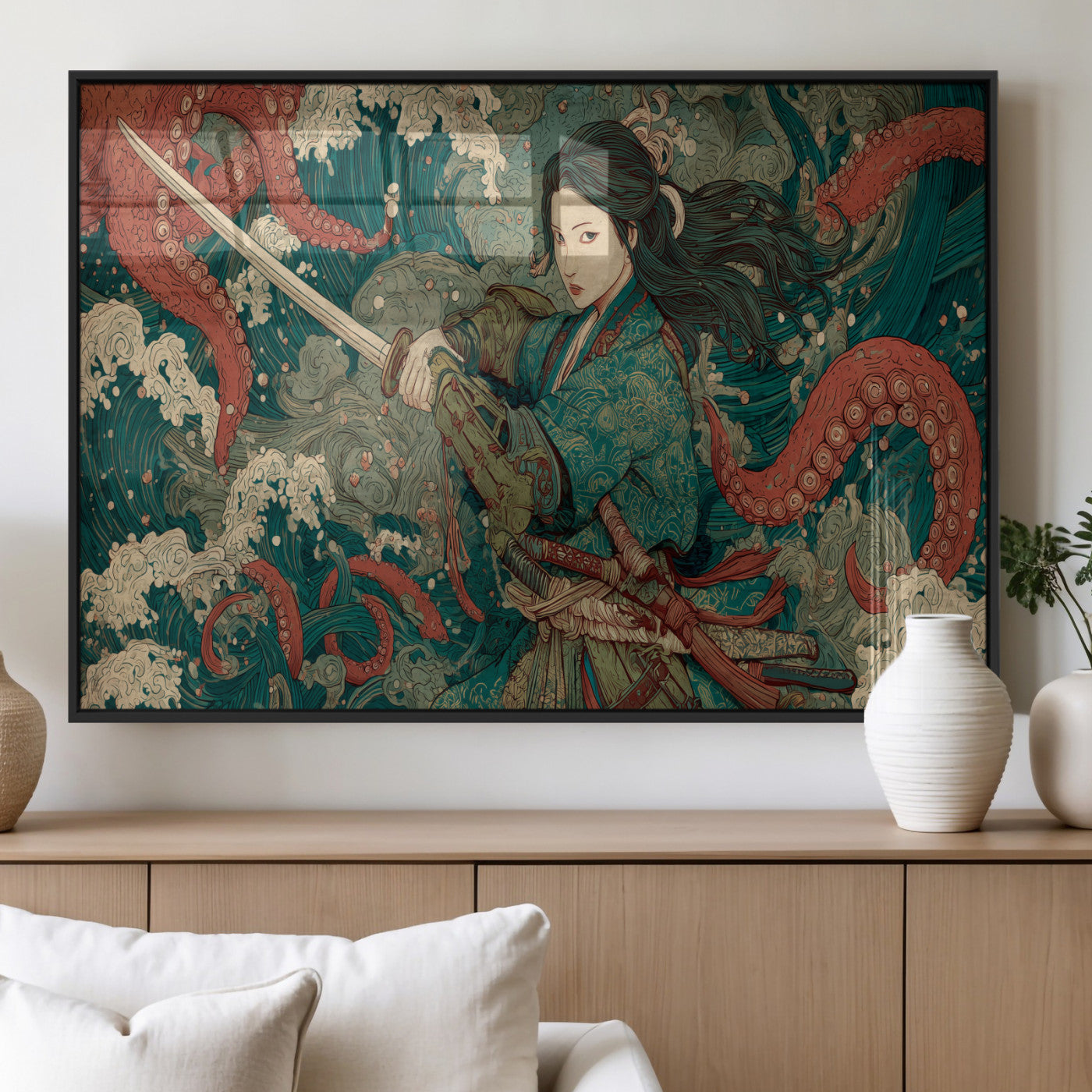 35461724-MGV-FP-36X24-3P_Black-Samurai Woman vs Octopus Wall Art – Japanese Ukiyo-e Ocean Waves Canvas Print, Red Tentacle Battle Artwork for Living Room,
