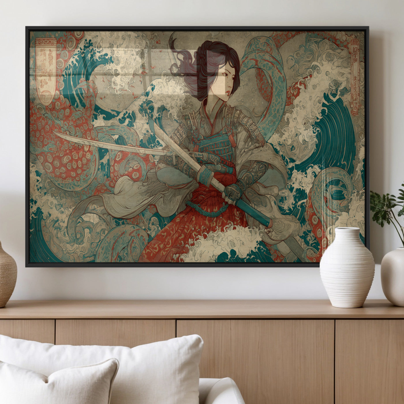 37797255-MGV-FP-36X24-3P_Black-Samurai Woman vs Octopus Wall Art – Japanese Ukiyo-e Red Armor Ocean Battle Canvas Print, Warrior Artwork for Living Room, Office,