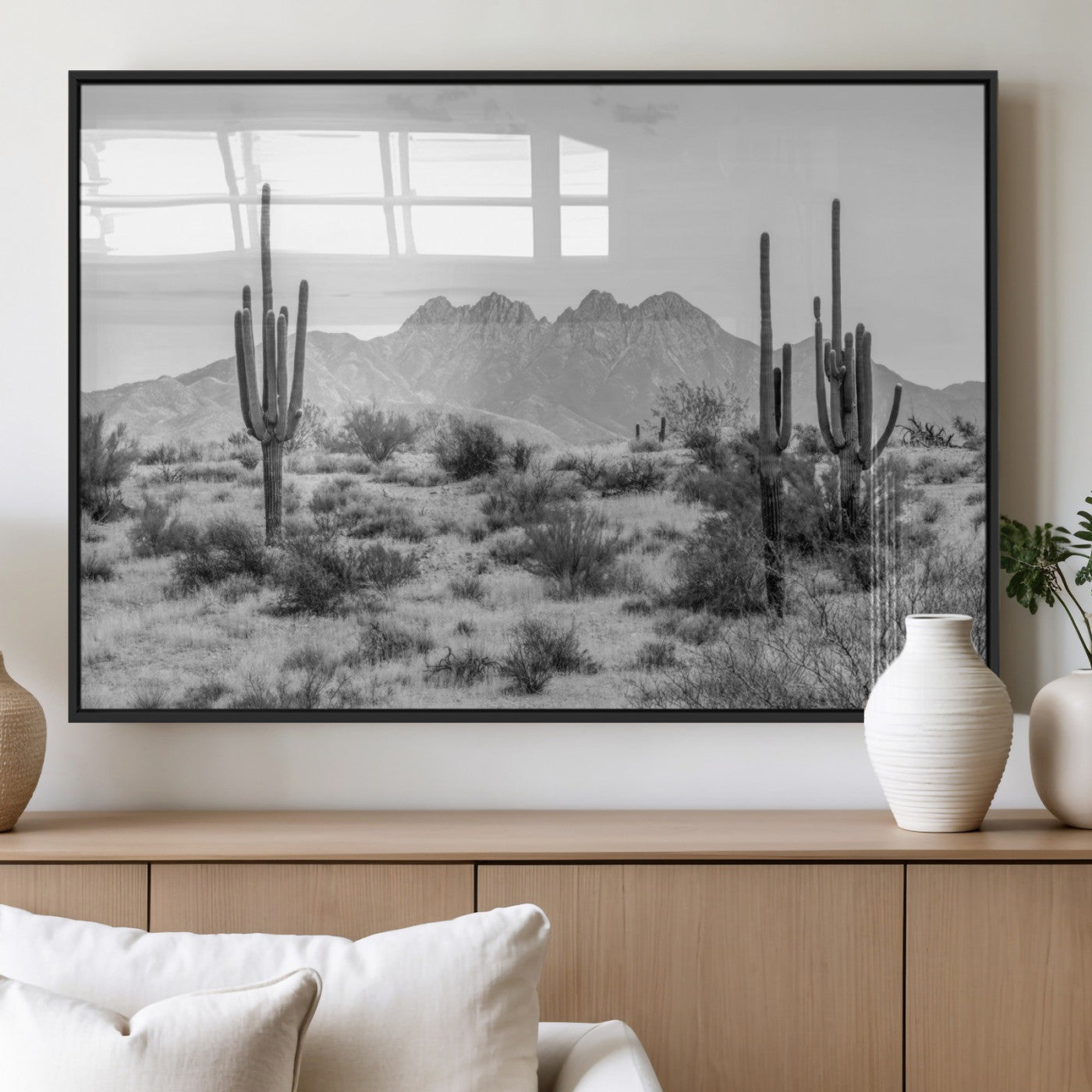 97436PHN-MGV-FP-36X24-3P_Black-Desert Landscape Wall Art – Black and White Cactus and Mountain Canvas Print, Southwestern Nature Photography for Living Room,