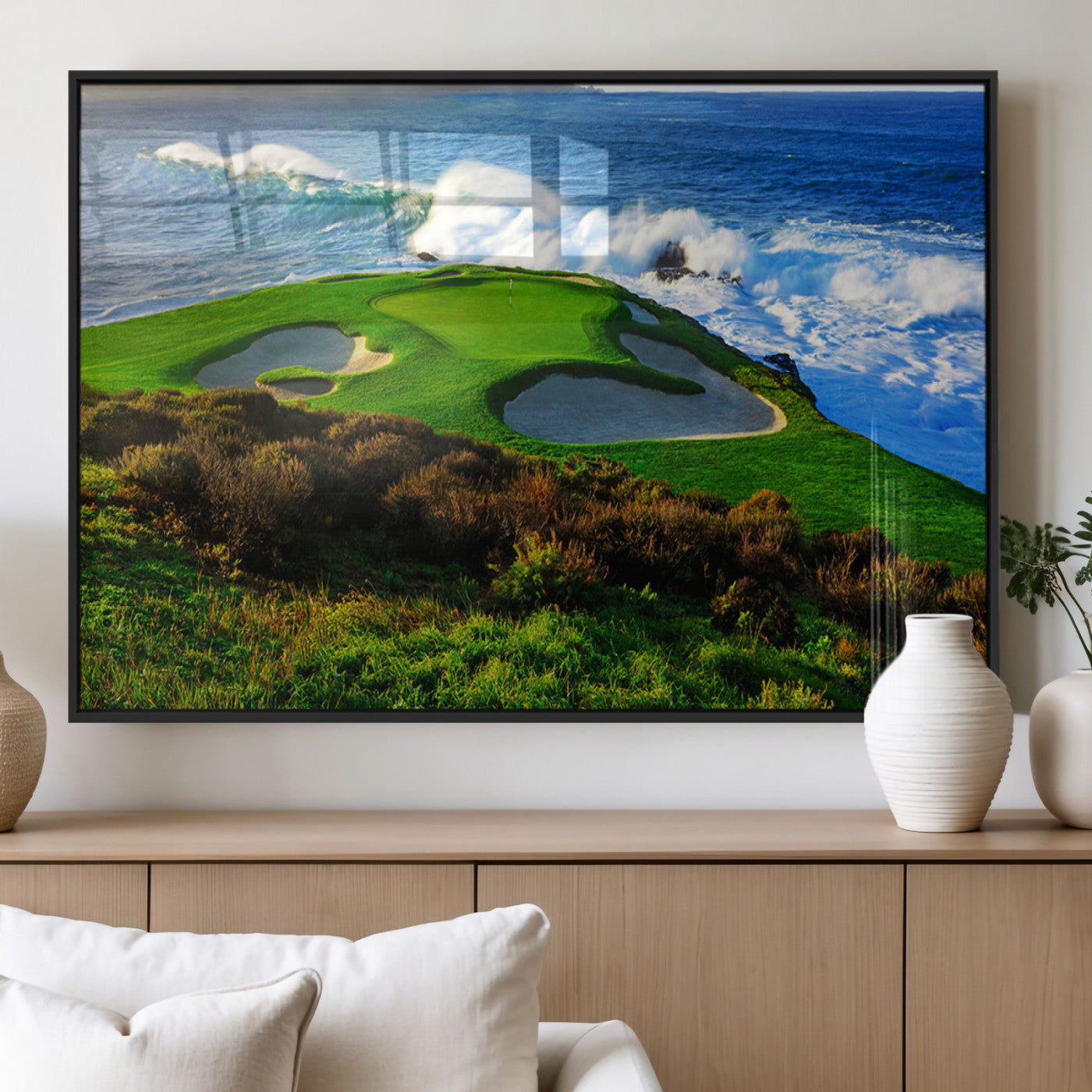 34181847-MGV-FP-36X24-3P_Black-Coastal Golf Course Wall Art – Panoramic Ocean Fairway Canvas Print, Scenic Sports Photography Decor for Office, Man Cave, Living