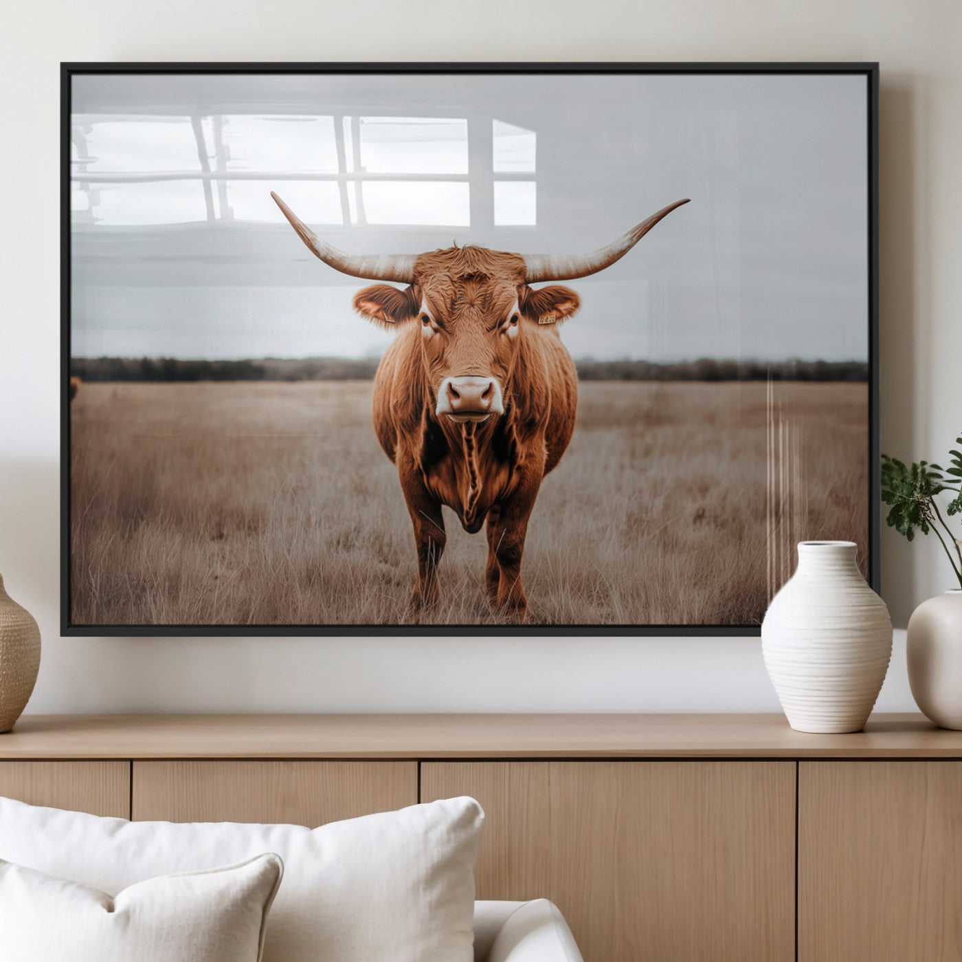16316734-MGV-FP-60X30-3P_Black-Texas Longhorn Wall Art – Rustic Bull Portrait Canvas Print, Western Farmhouse Animal Photography Decor for Living Room, Office,