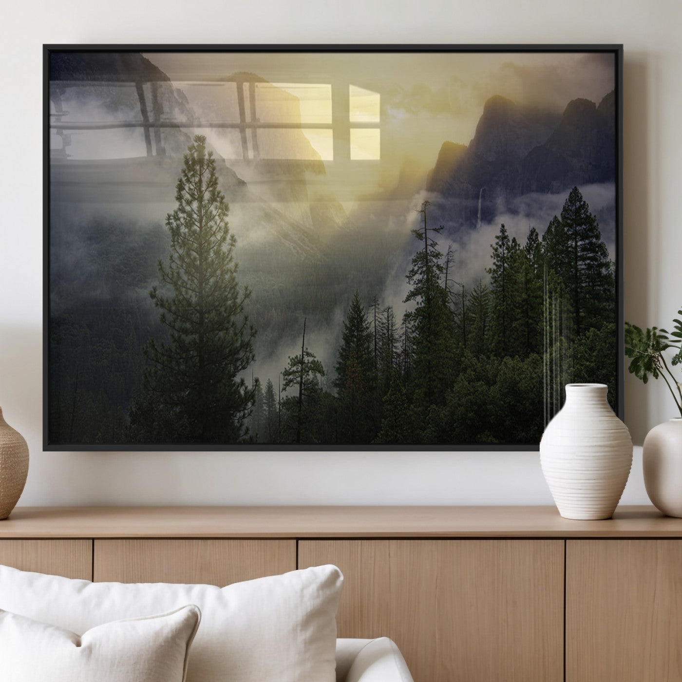 38316884-MGV-FP-36X24-3P_Black-Landscape Wall Art – Misty Mountain Valley Canvas Print, Scenic Pine Forest and Sunrise Photography Decor for Bedroom, Living