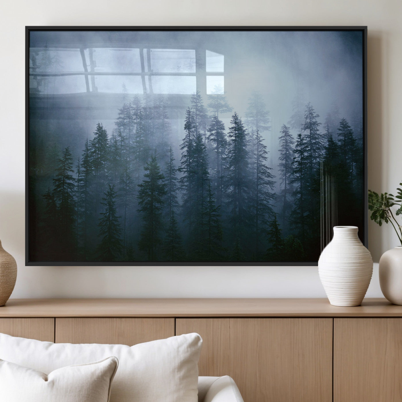 93439624-MGV-FP-36X24-3P_Black-Forest Wall Art – Misty Pine Trees Canvas Print, Moody Nature Photography Decor for Bedroom, Living Room, Office, Cabin, Lodge or