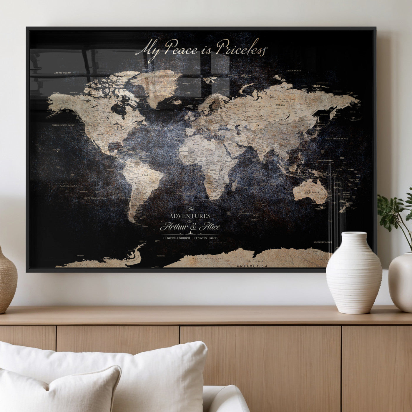 51488142-MGV-FP-36X24-3P_Black-Personalized World Map Wall Art – Dark Rustic Adventure Travel Map with Custom Names, Vintage Wall Decor for Couples, Families or