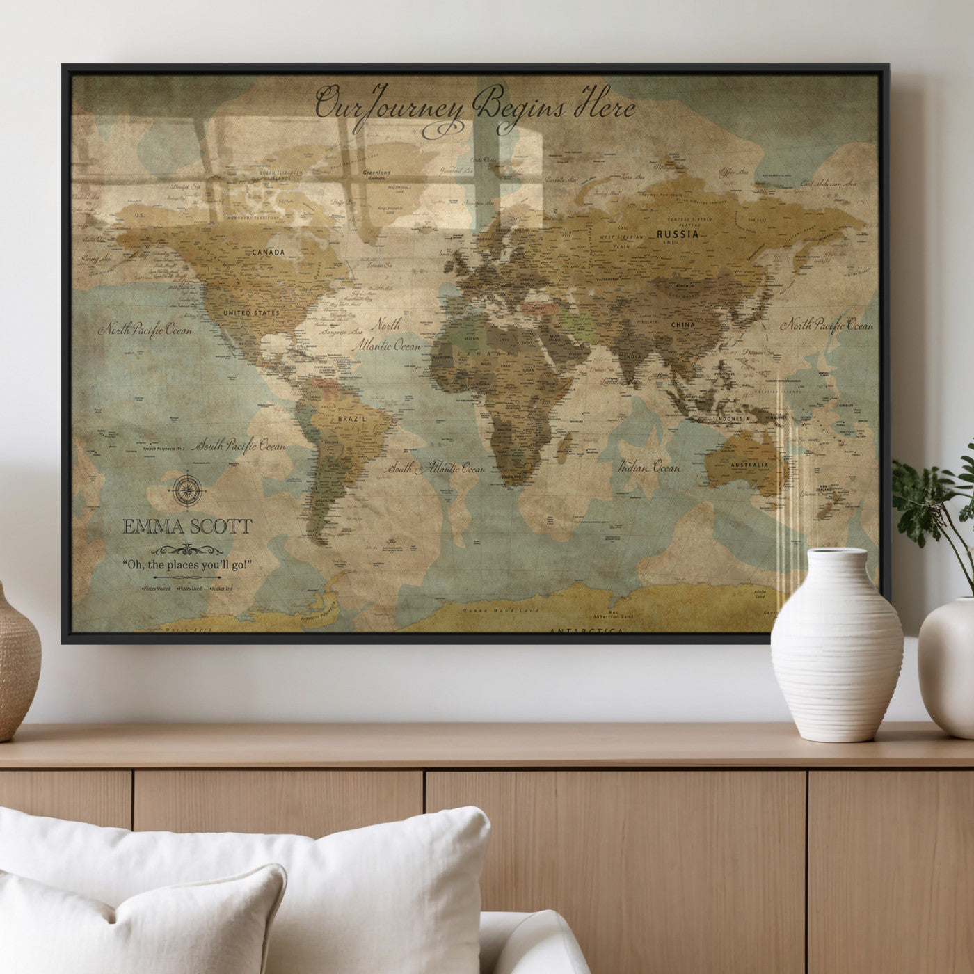 54795344-MGV-FP-36X24-3P_Black-Personalized World Map Wall Art – Vintage Adventure Travel Map with Custom Names, Rustic Wall Décor for Couples, Families