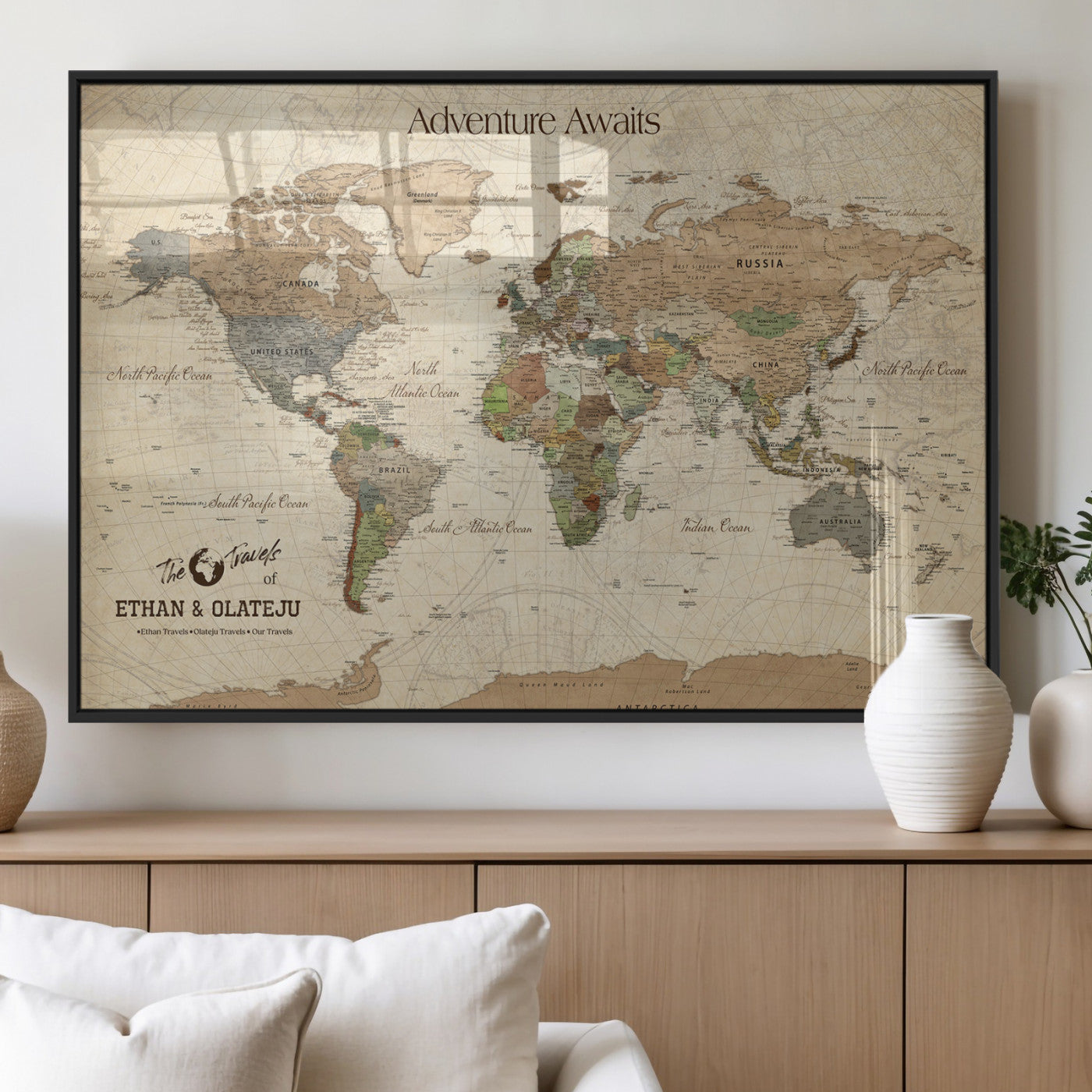 62766900-MGV-FP-36X24-3P_Black-Personalized World Map Wall Art – Antique Parchment Adventure Travel Map with Custom Couple Names, Rustic Wall Decor for Home,