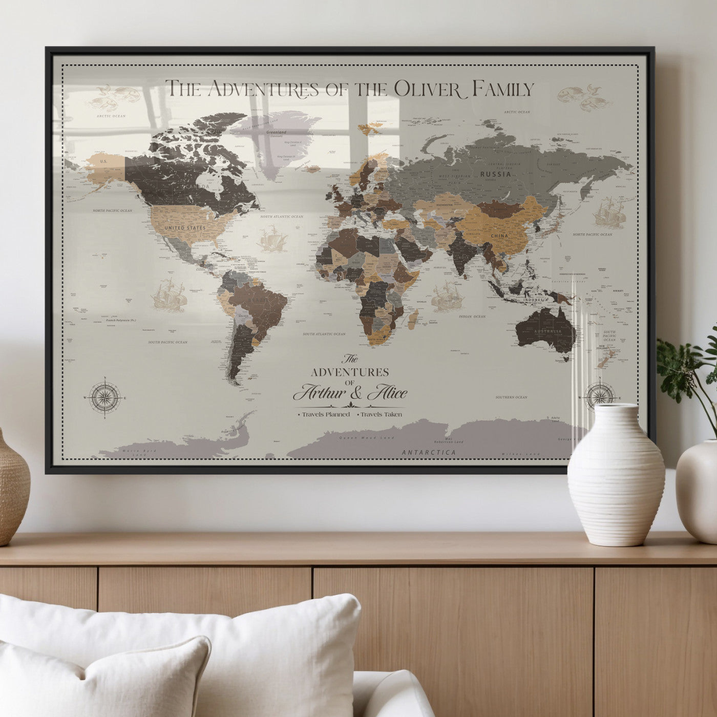 40679469-MGV-FP-36X24-3P_Black-Personalized World Map Wall Art – Neutral Tones Adventure Travel Map with Custom Family Names, Rustic Wall Decor for Living Room