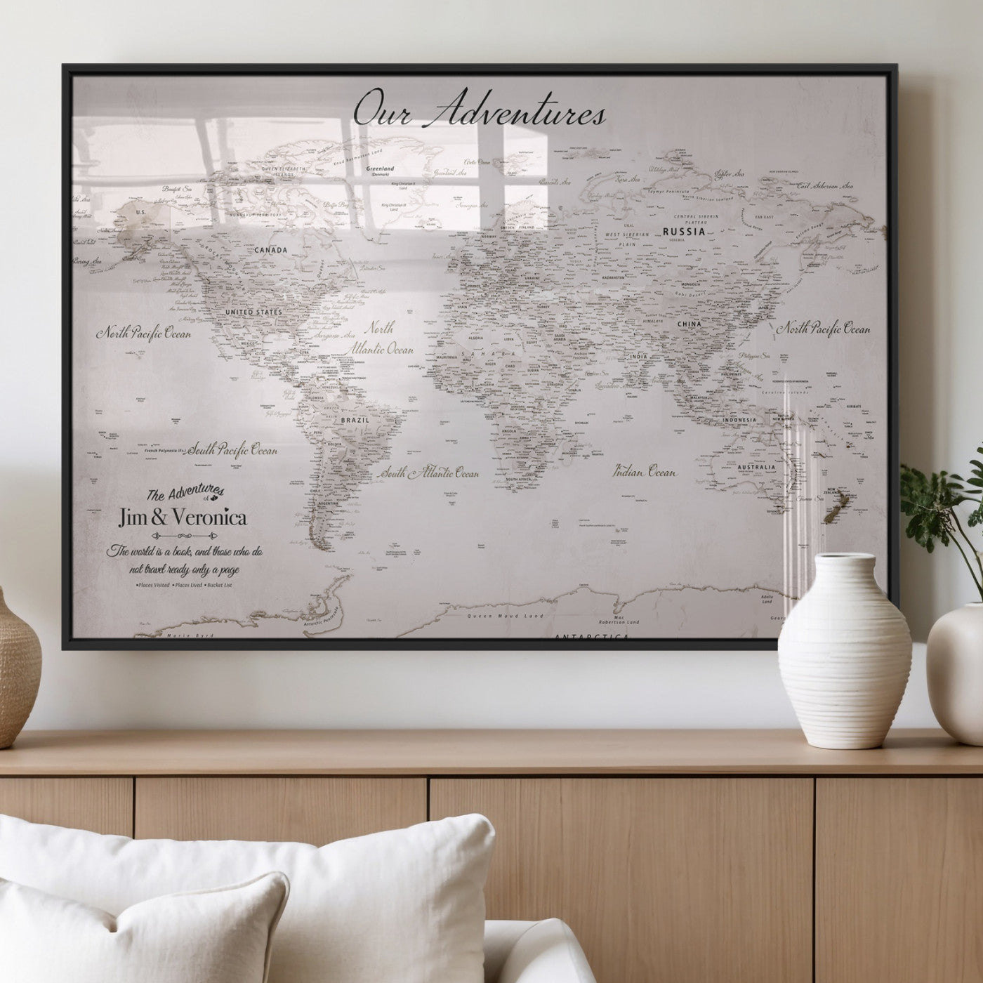 11706567-MGV-FP-36X24-3P_Black-Personalized World Map Wall Art – Minimalist Beige Adventure Travel Map with Custom Names, Elegant Push Pin Canvas for Couples,