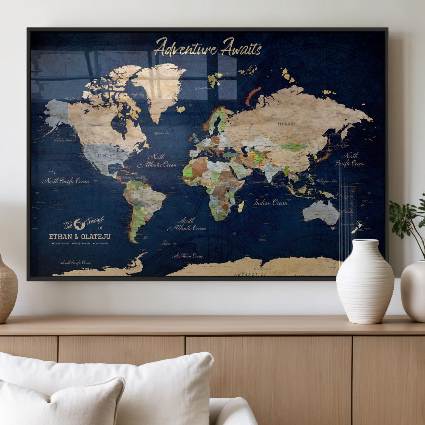 80965072-MGV-FP-36X24-3P_Black-Personalized World Map Wall Art – Adventure Awaits Navy Blue Travel Map with Custom Names, Rustic Vintage Wall Decor for Couples,