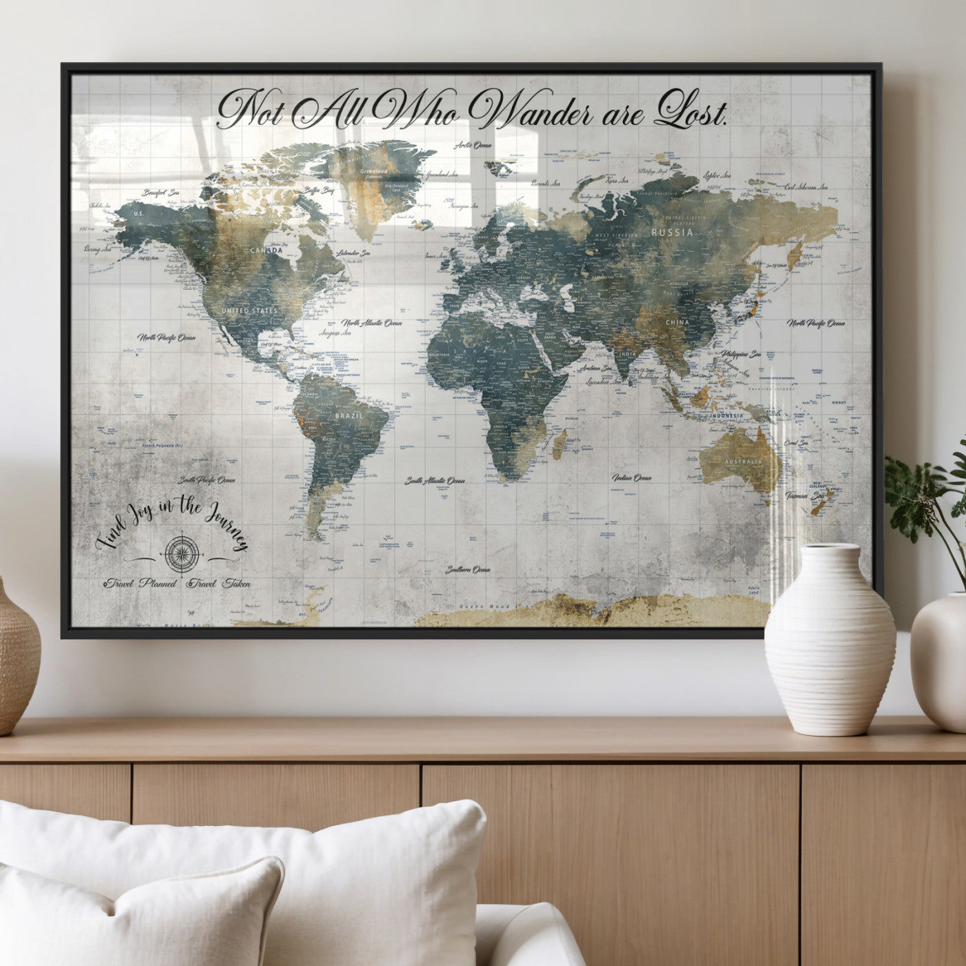 16233493-MGV-FP-36X24-3P_Black-Personalized World Map Wall Art – Rustic Blue Green Wanderlust Travel Map with Custom Couple Names, Vintage Wall Decor for Home