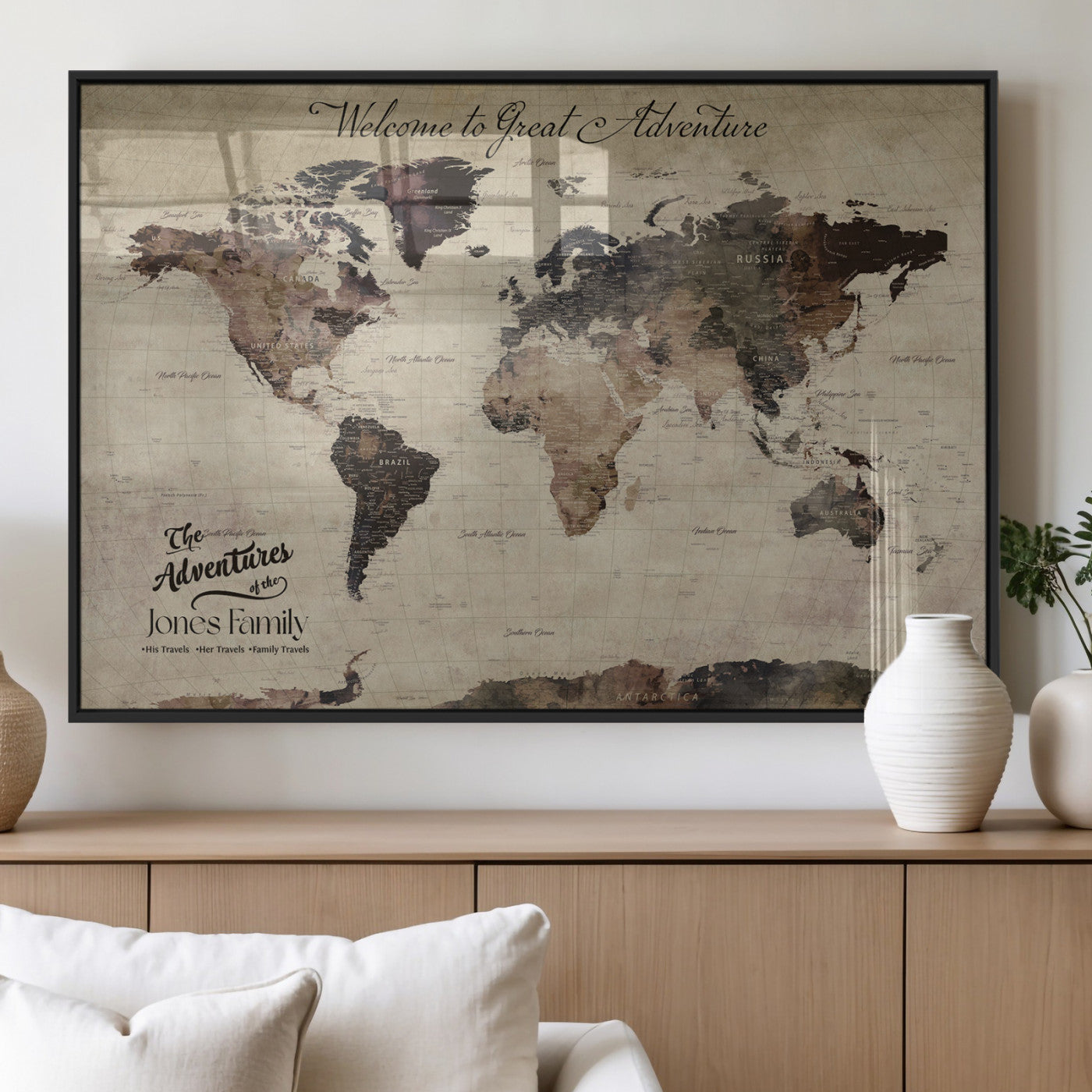 78610079-MGV-FP-36X24-3P_Black-Personalized World Map Wall Art – Vintage Rustic Travel Map with Custom Family Name, Adventure Wall Decor for Home, Family Gift or