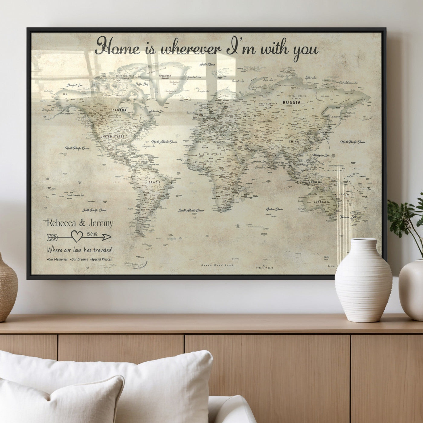 35009043-MGV-FP-36X24-3P_Black-Personalized World Map Wall Art – Vintage Beige Travel Map with Custom Names and Date, Romantic Anniversary Gift for Couples Home